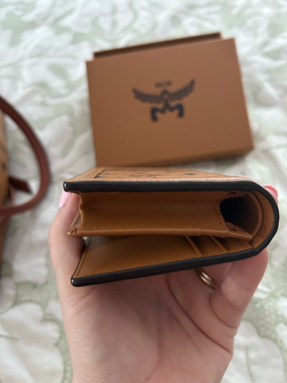 MCM Cognac Brown Visetos Small Wallet with Gold Hardware and Yellow Dust Bag - Picture 10 of 11